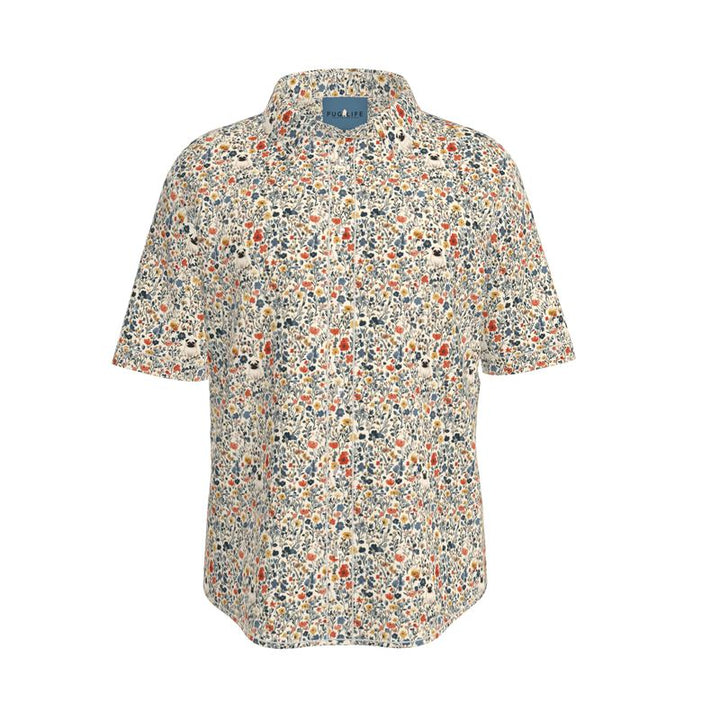 Little Pug Flowers Button Up Shirt, Aloha or Work Style