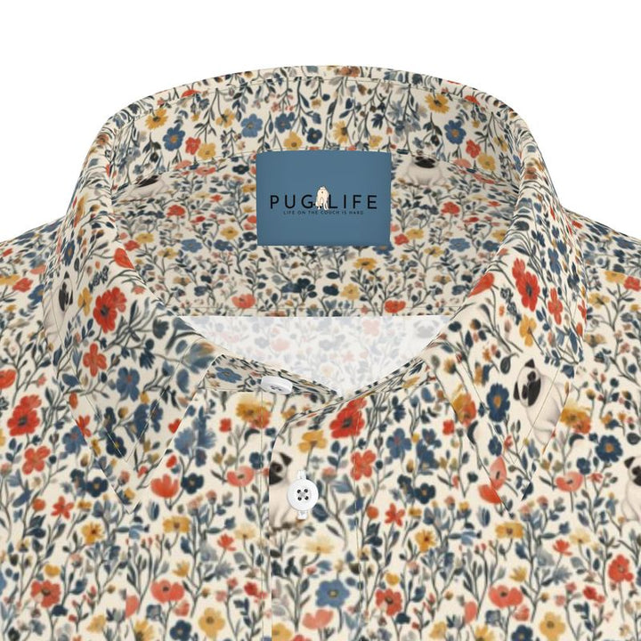 Little Pug Flowers Button Up Shirt, Aloha or Work Style