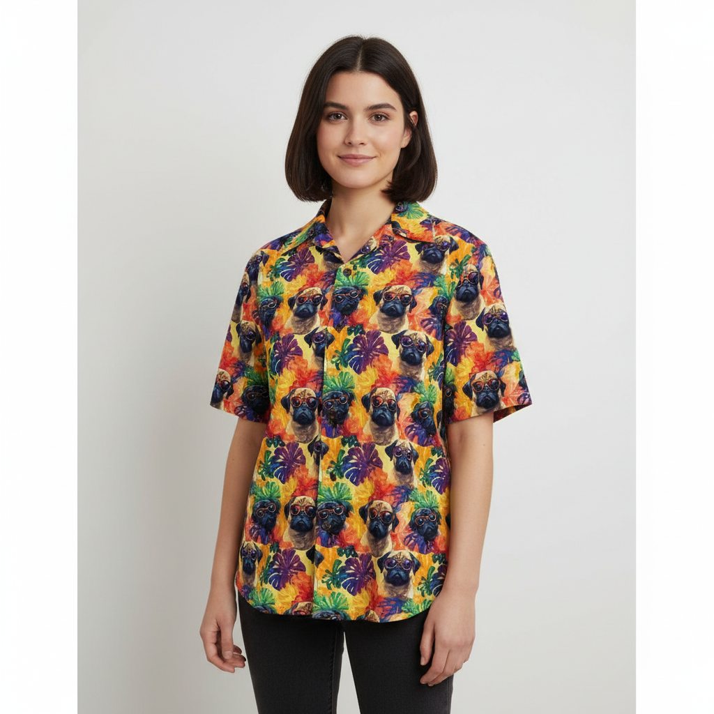 Tropical Rainbow Pug Aloha Shirt with Pocket