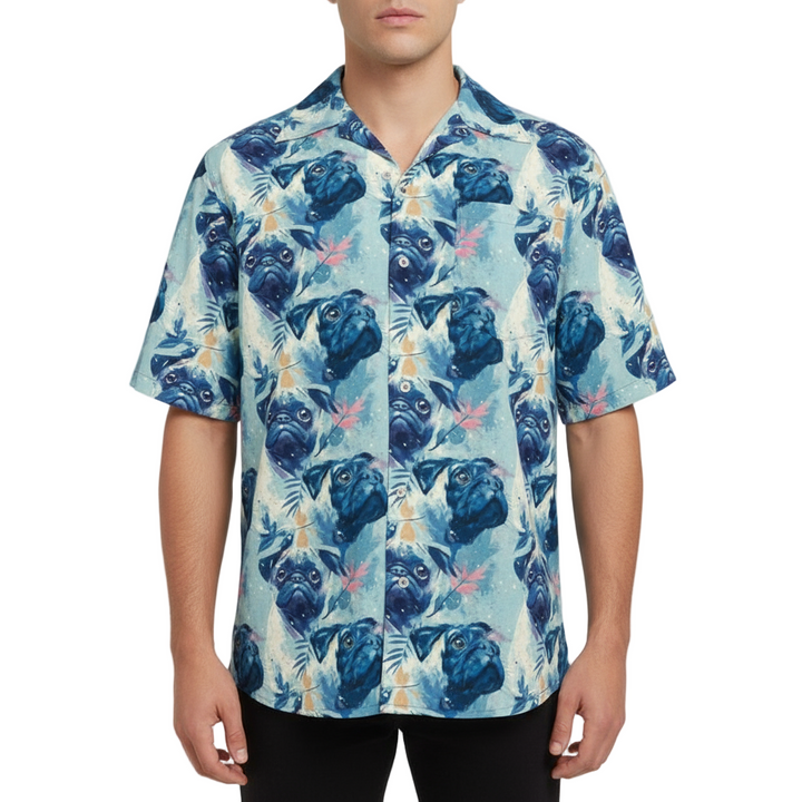 Light Blue Pug Linen Aloha Shirt