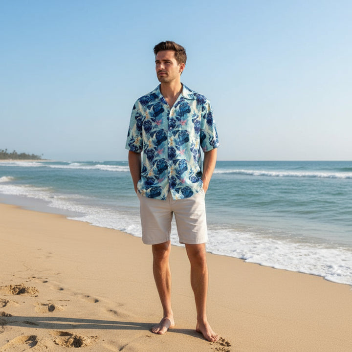 Light Blue Pug Linen Aloha Shirt