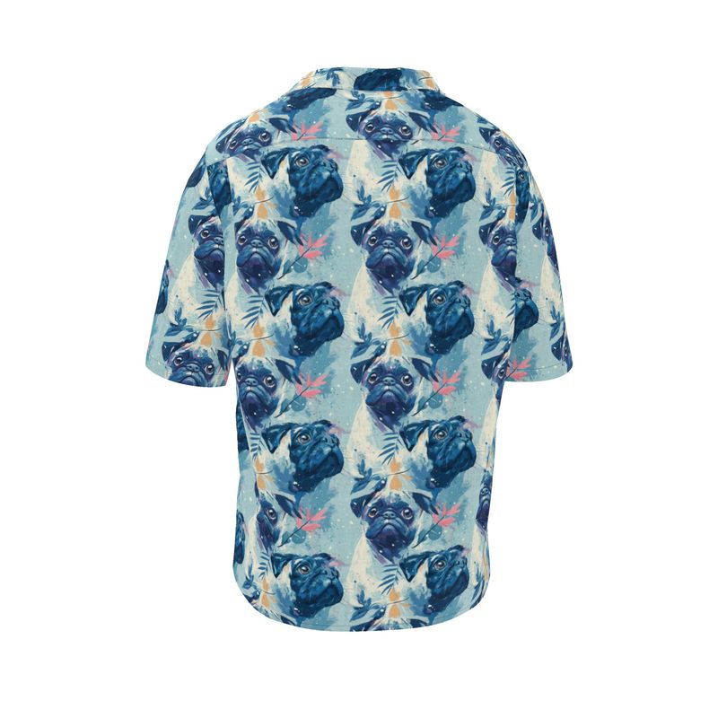Light Blue Pug Linen Aloha Shirt