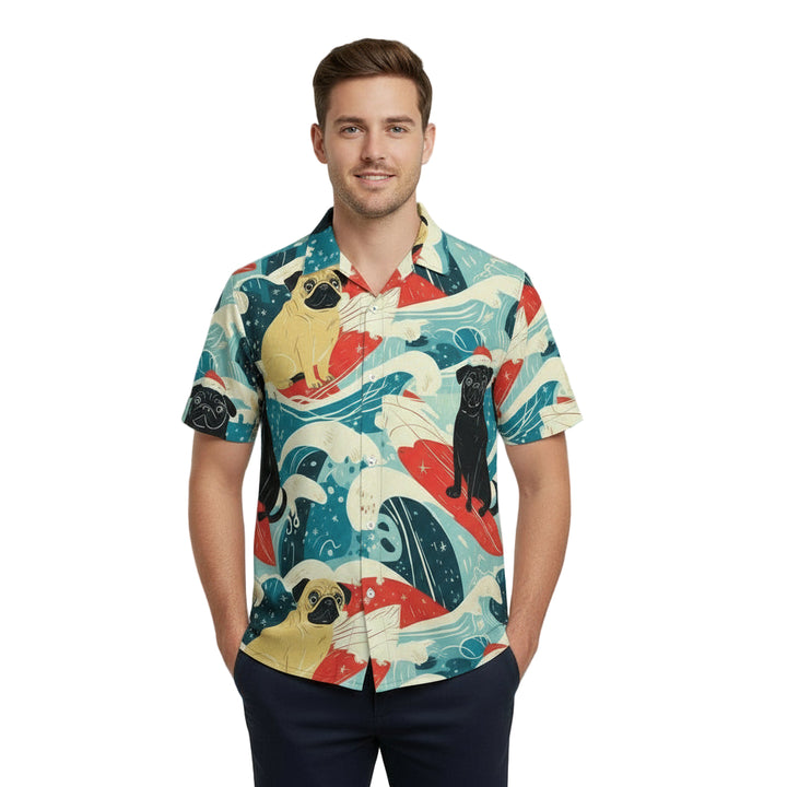 Man wearing a colorful shirt with pug dog pattern on a plain background