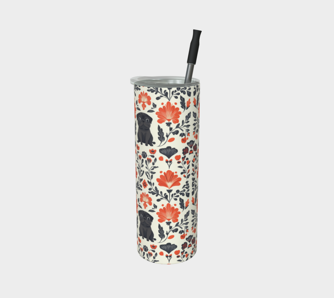 Black Pug Floral Tumbler with Attached Straws