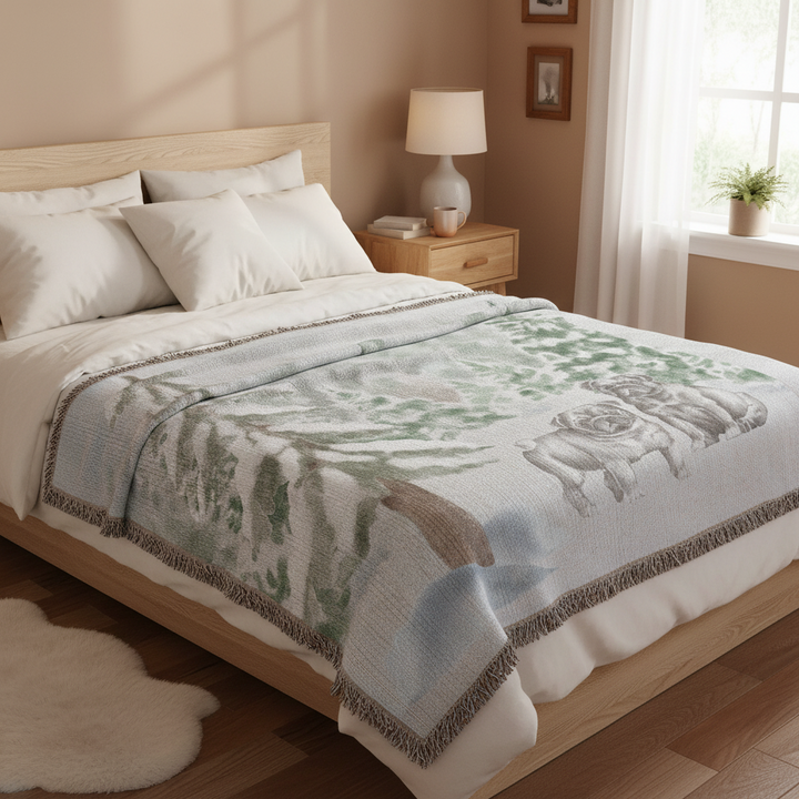 Black Pug Forest Woven Blankets