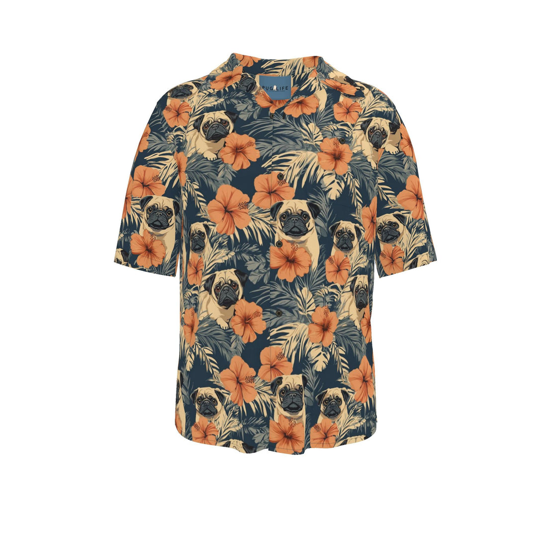 Retro Terracotta Hibiscus Pug Aloha Shirt