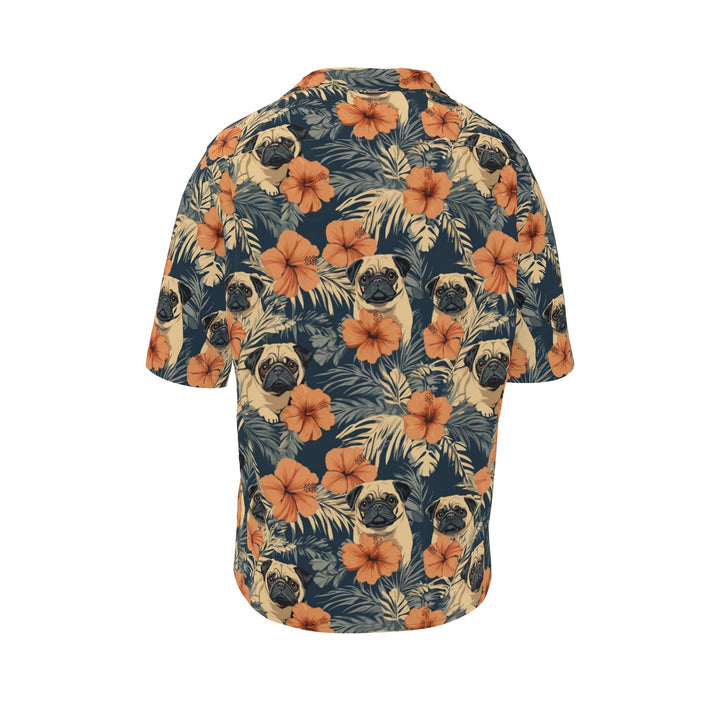 Retro Terracotta Hibiscus Pug Aloha Shirt