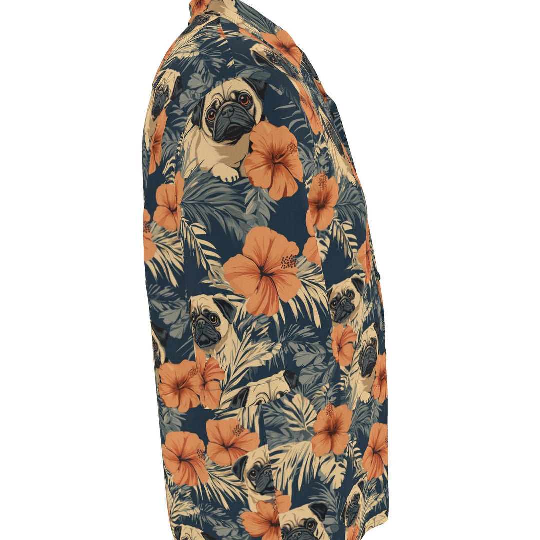 Retro Terracotta Hibiscus Pug Aloha Shirt