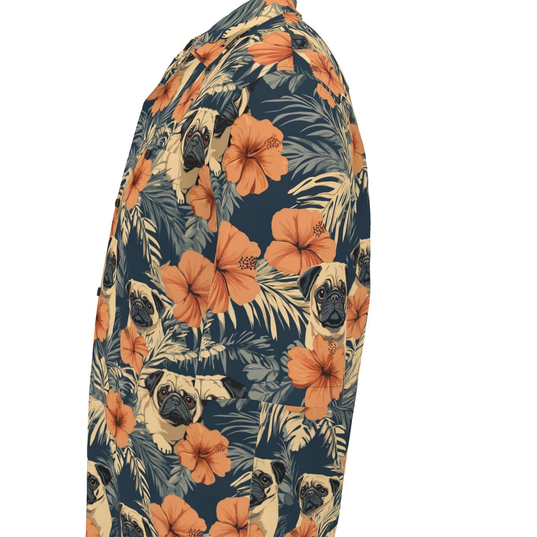 Retro Terracotta Hibiscus Pug Aloha Shirt