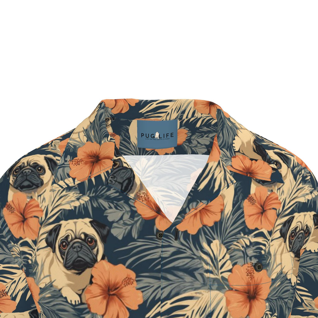 Retro Terracotta Hibiscus Pug Aloha Shirt