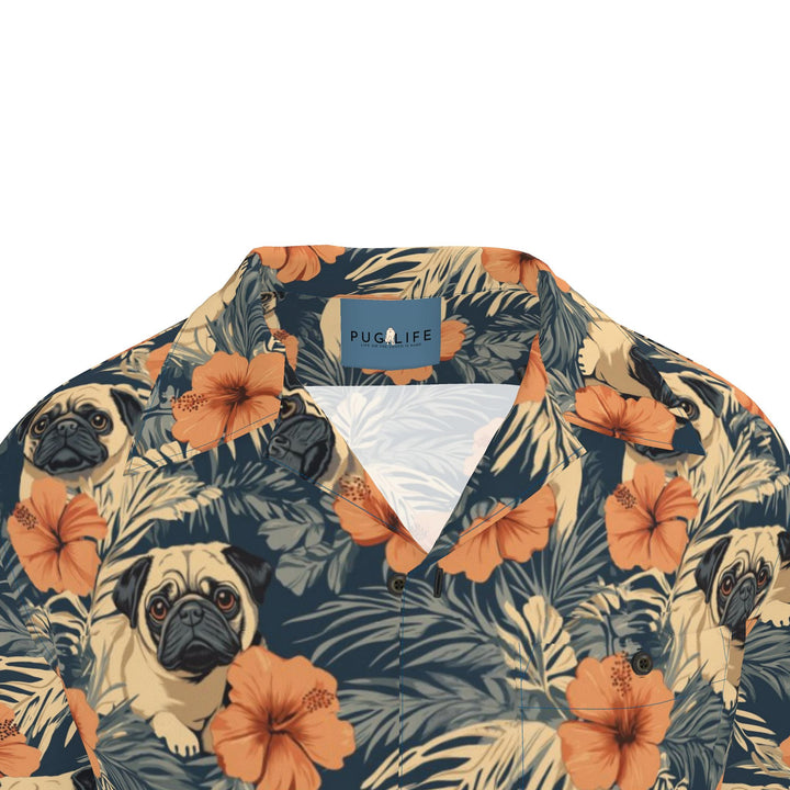 Retro Terracotta Hibiscus Pug Aloha Shirt