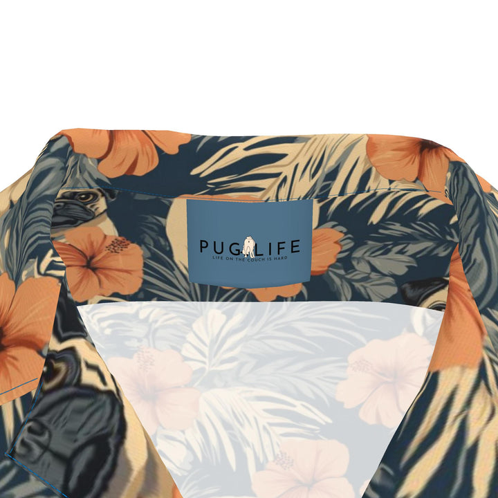 Retro Terracotta Hibiscus Pug Aloha Shirt