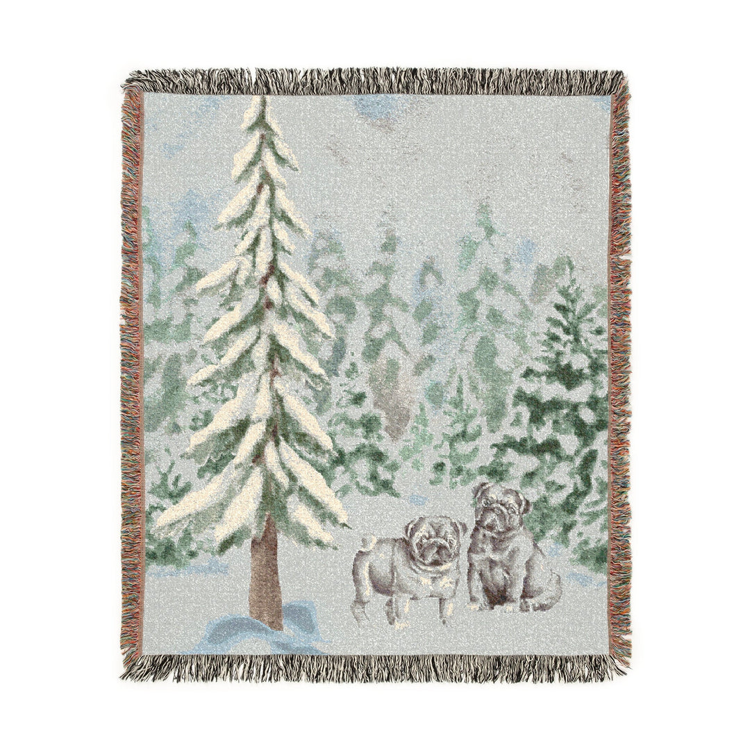 Black Pug Forest Woven Blankets