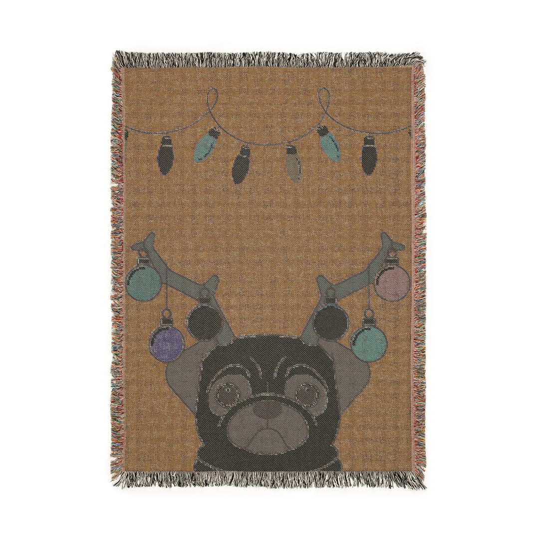 Reindeer Pug Woven Throw Blanket – Cute Holiday Dog Blanket with String Lights