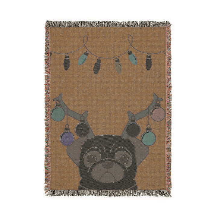 Reindeer Pug Woven Throw Blanket – Cute Holiday Dog Blanket with String Lights