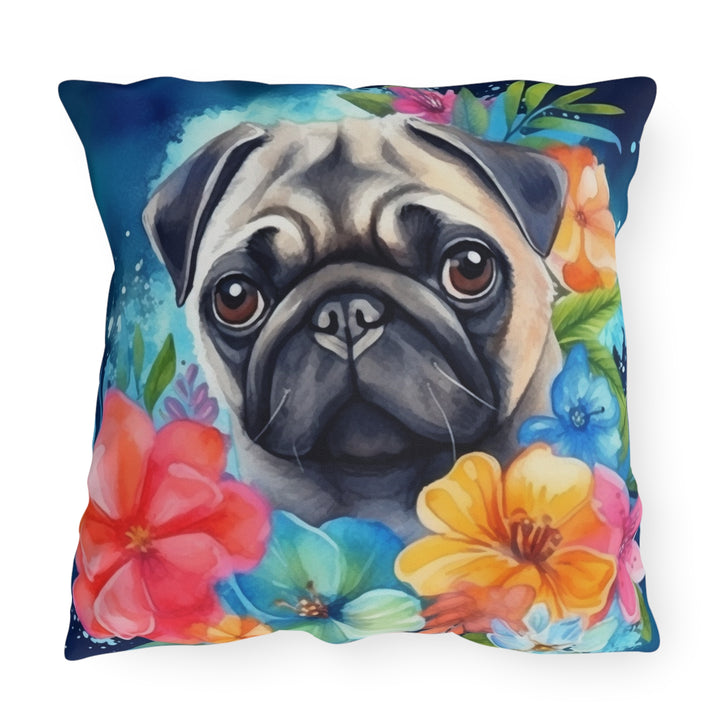 Tropical Watercolor Pug Outdoor Pillow