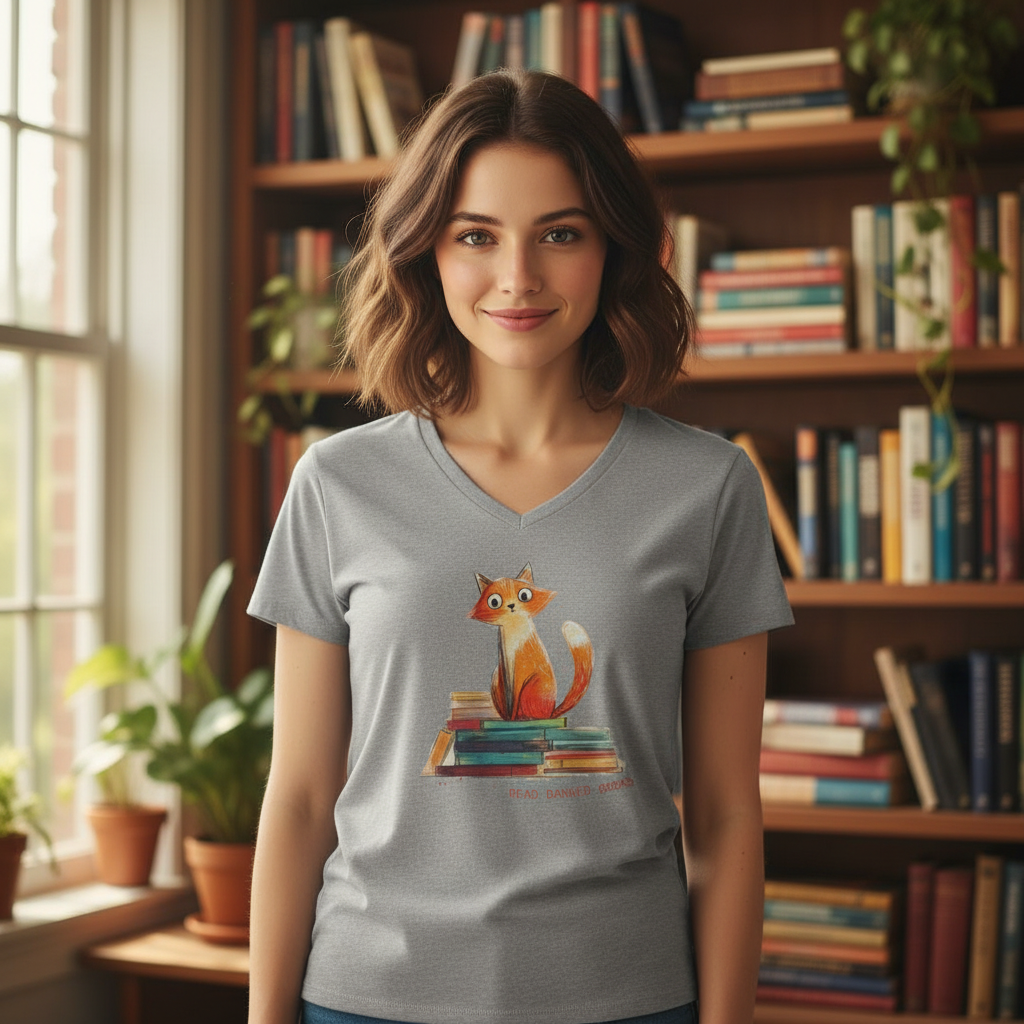 Orange Cat Lover's "Read Banned Books" Women's V-Neck T-Shirt
