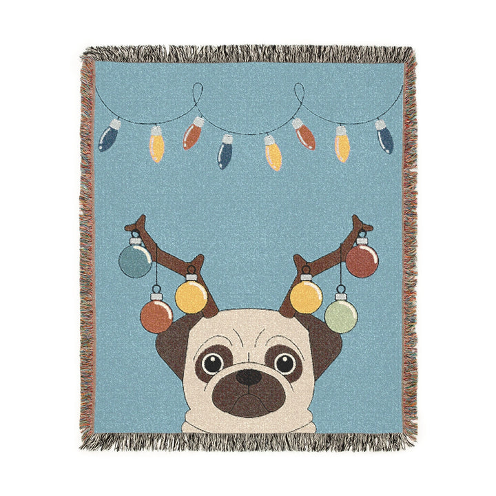 Reindeer Pug Woven Throw Blanket – Cute Holiday Dog Blanket with String Lights