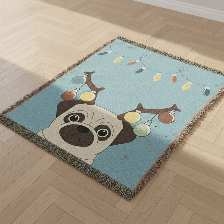 Reindeer Pug Woven Throw Blanket – Cute Holiday Dog Blanket with String Lights