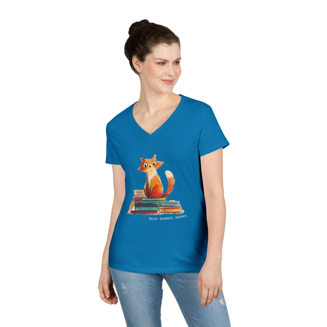Orange Cat Lover's "Read Banned Books" Women's V-Neck T-Shirt