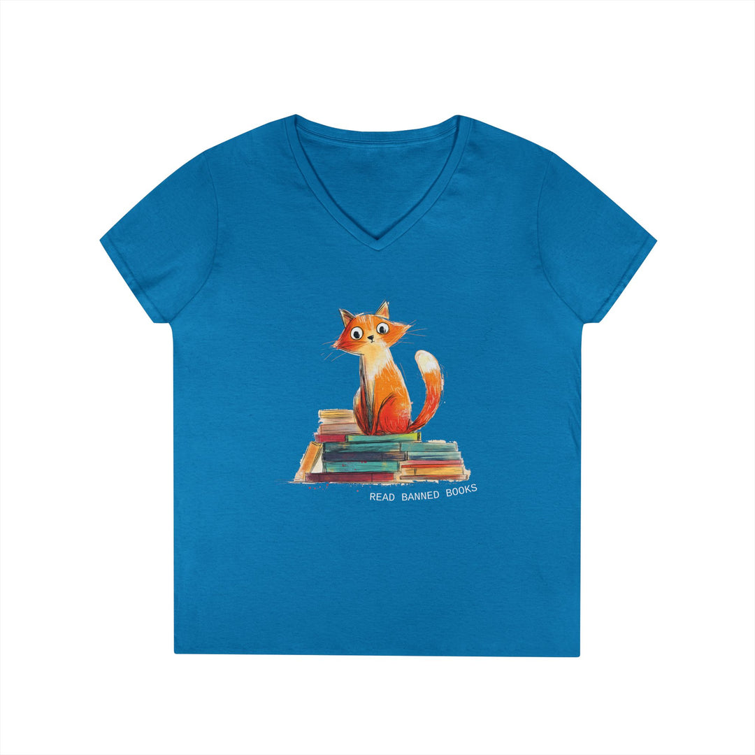 Orange Cat Lover's "Read Banned Books" Women's V-Neck T-Shirt
