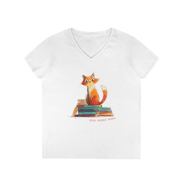 Orange Cat Lover's "Read Banned Books" Women's V-Neck T-Shirt