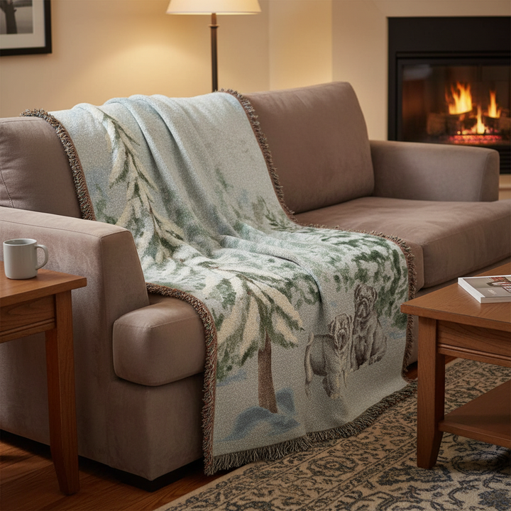 Black Pug Forest Woven Blankets