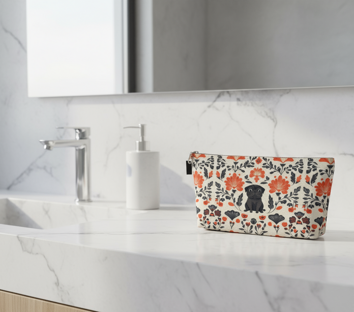 Black Pug Spring Flowers Canvas Pouch