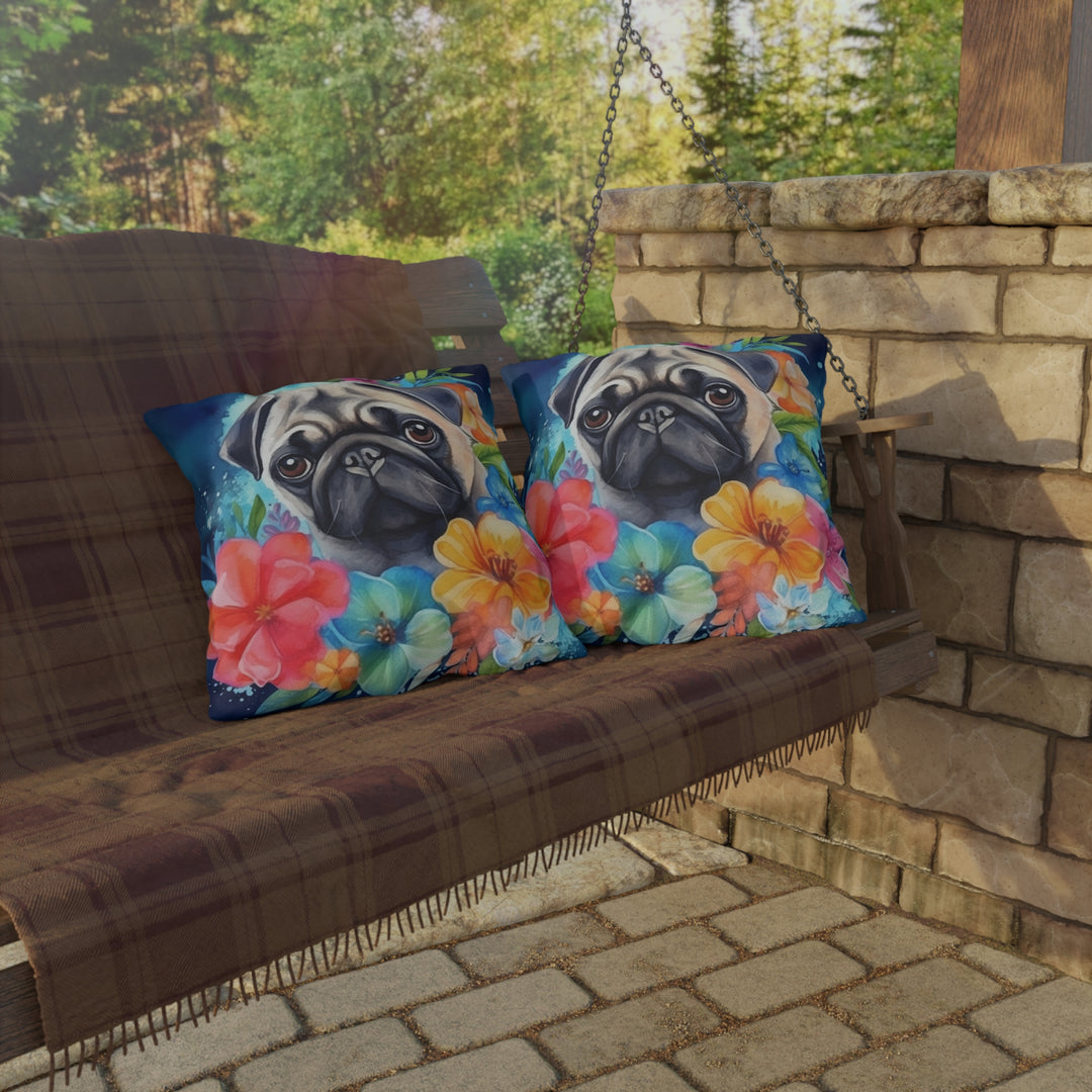 Tropical Watercolor Pug Outdoor Pillow