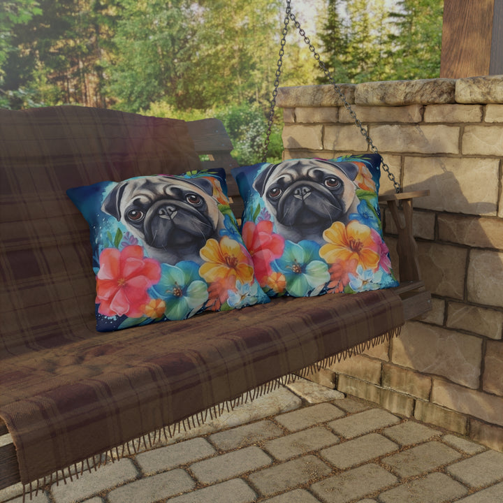Tropical Watercolor Pug Outdoor Pillow