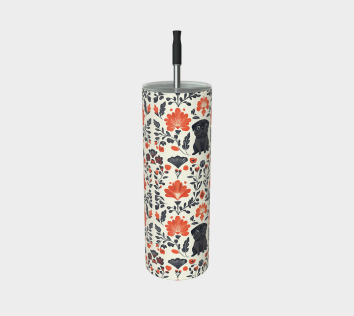 Black Pug Floral Tumbler with Attached Straws