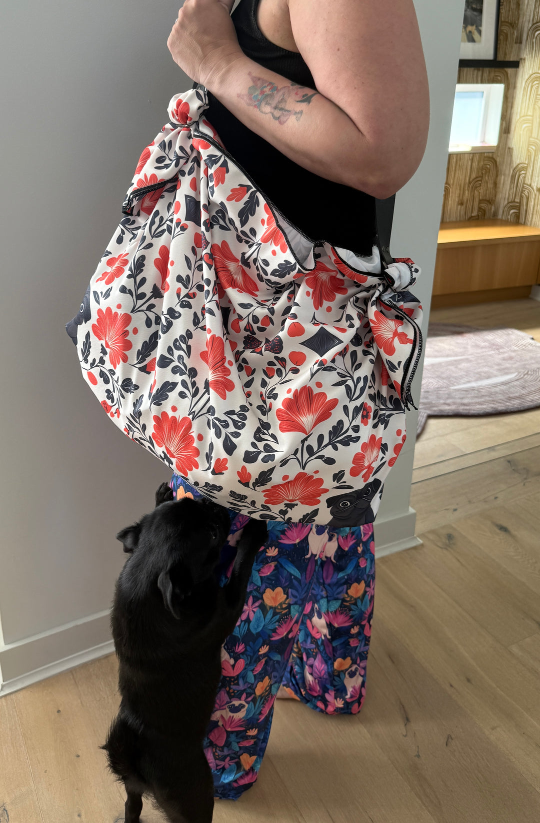 Spring Flowers Black Pug Origami Convertible Tote