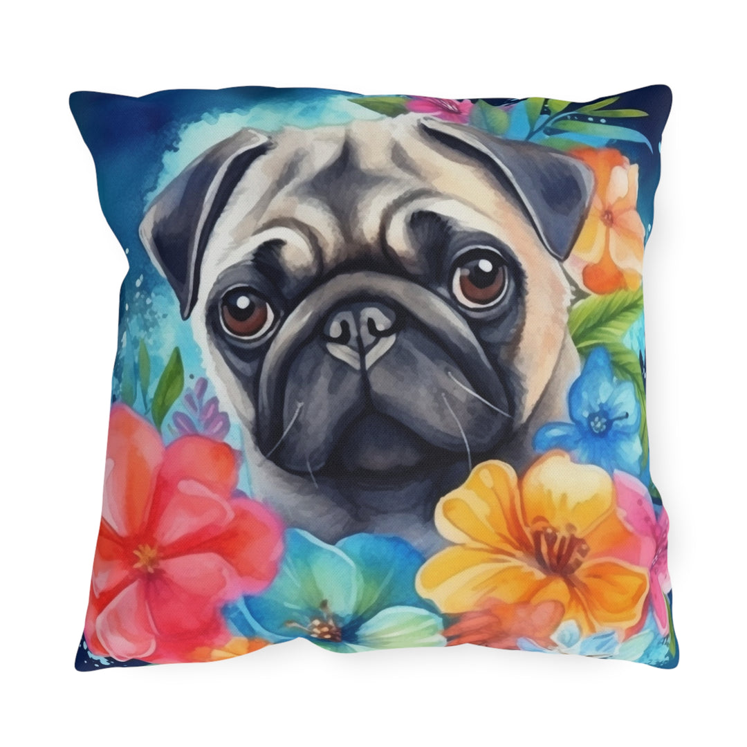 Tropical Watercolor Pug Outdoor Pillow
