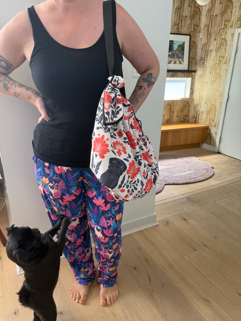 Spring Flowers Black Pug Origami Convertible Tote