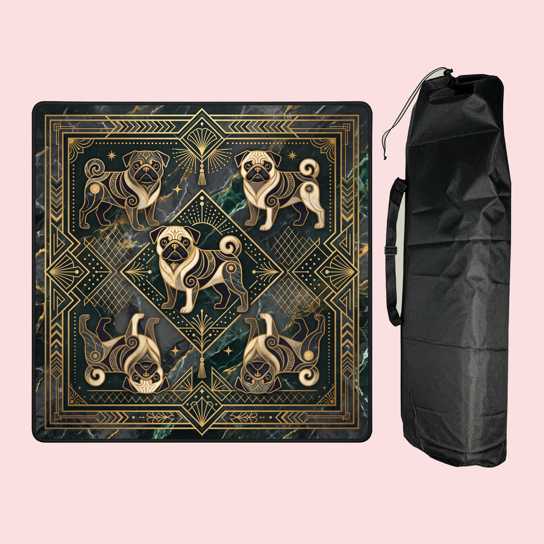 Art deco pug mahjong mat beside its black storage and travel bag