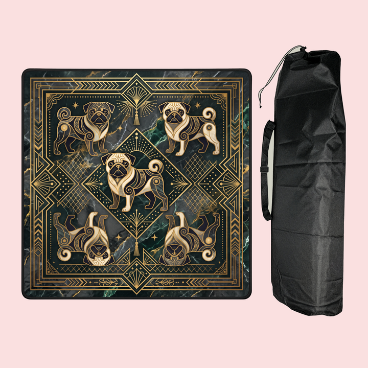 Art deco pug mahjong mat beside its black storage and travel bag