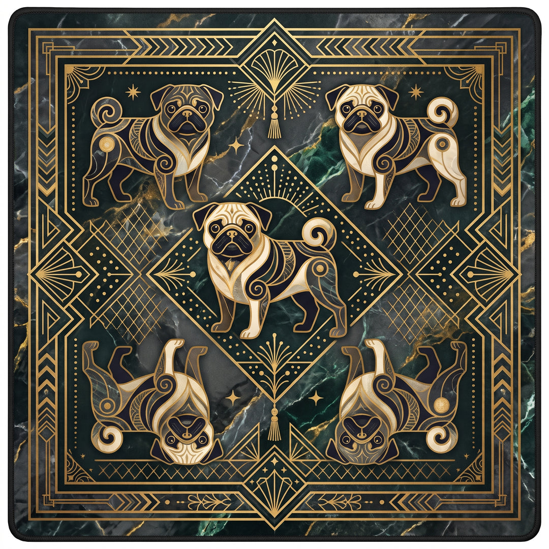 Art deco pug mahjong mat with four pugs and gold geometric details on dark green