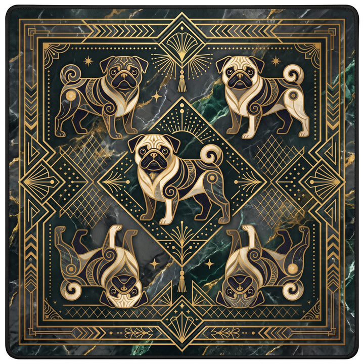 Art deco pug mahjong mat with four pugs and gold geometric details on dark green