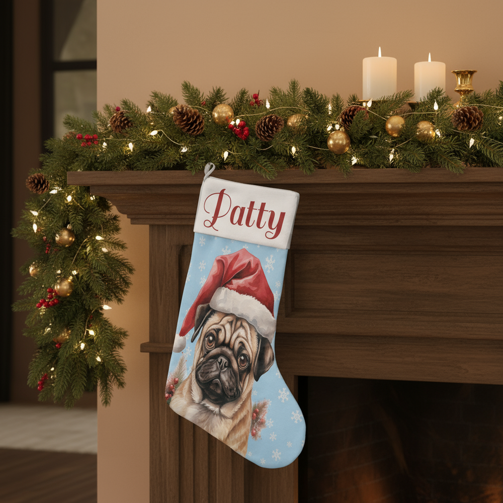 Christmas stocking with a pug wearing a Santa hat and personalized name 'Patty' on a blue background with snowflakes.