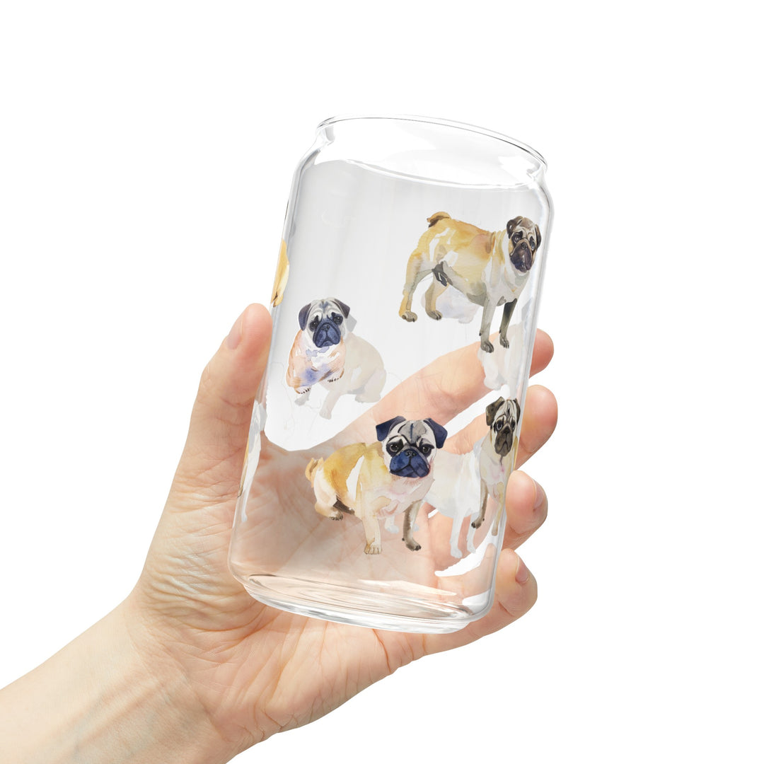 Watercolor Pug Sipper Glasses with or without Bamboo Lid