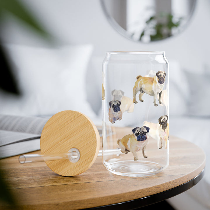 Watercolor Pug Sipper Glasses with or without Bamboo Lid