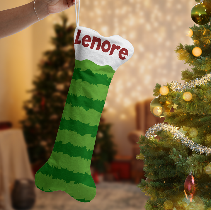 Personalized Green Striped Dog Bone Christmas Stocking