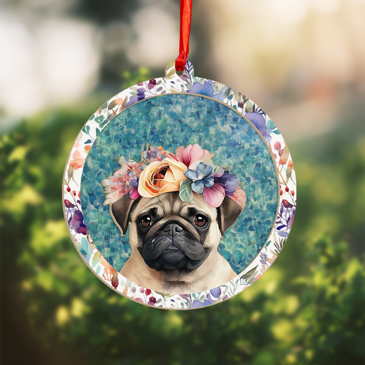 Floral Pug Suncatcher Ornament