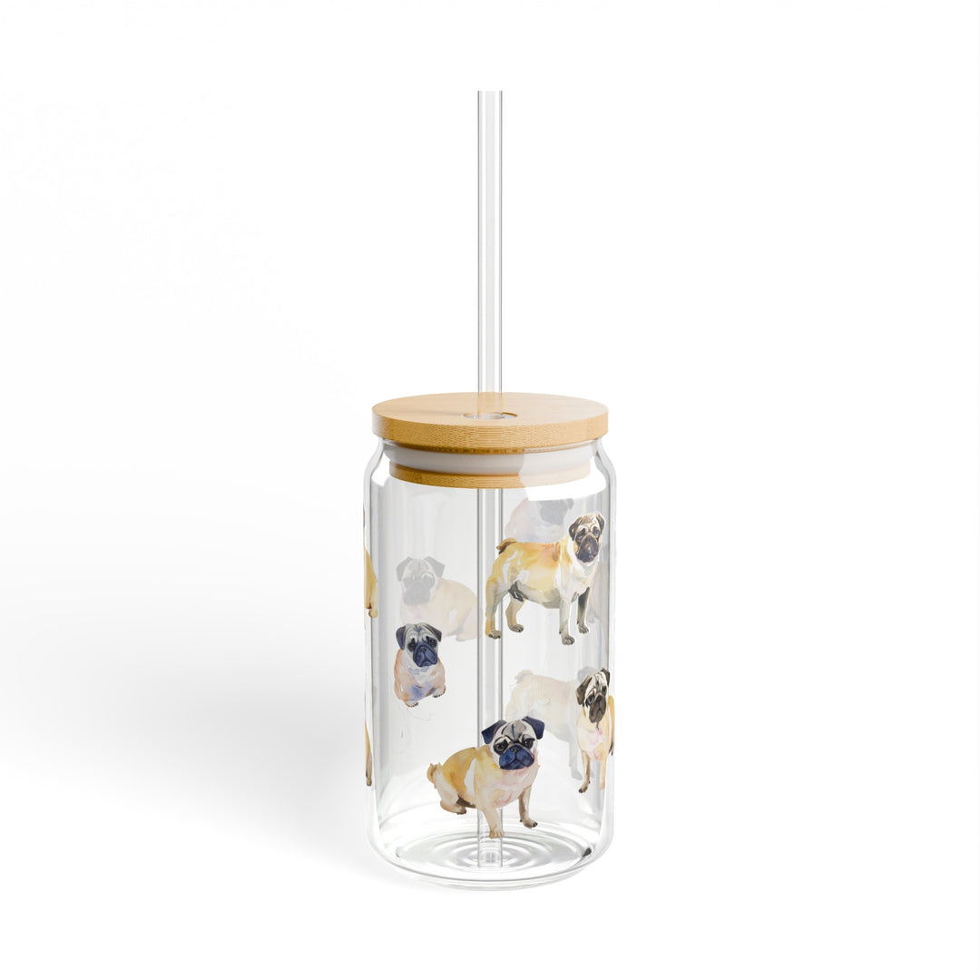 Watercolor Pug Sipper Glasses with or without Bamboo Lid