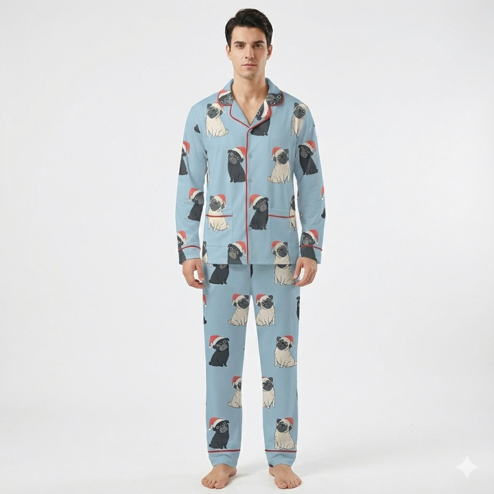 Double Santa Pug Trouble Pajamas Set with Double Pockets