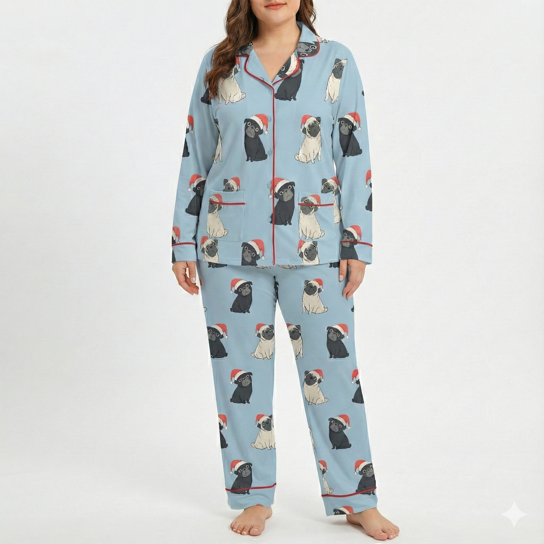 Double Santa Pug Trouble Pajamas Set with Double Pockets
