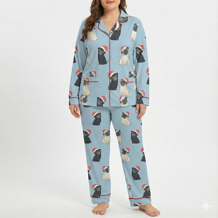 Double Santa Pug Trouble Pajamas Set with Double Pockets
