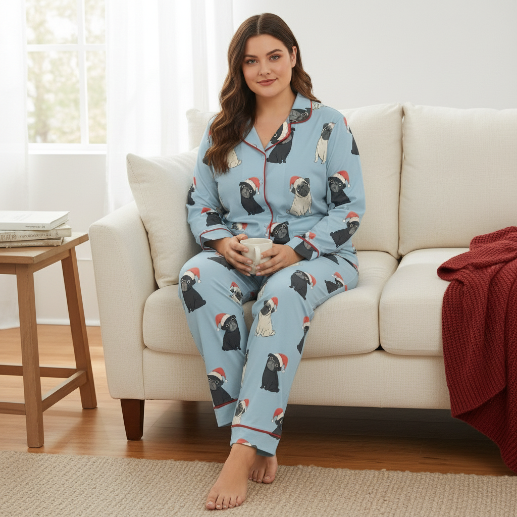 Double Santa Pug Trouble Pajamas Set with Double Pockets