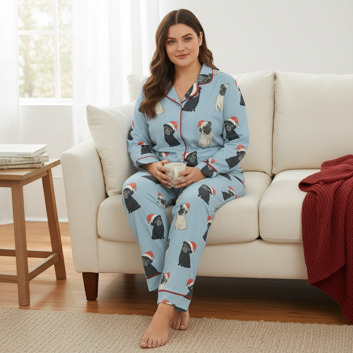 Double Santa Pug Trouble Pajamas Set with Double Pockets