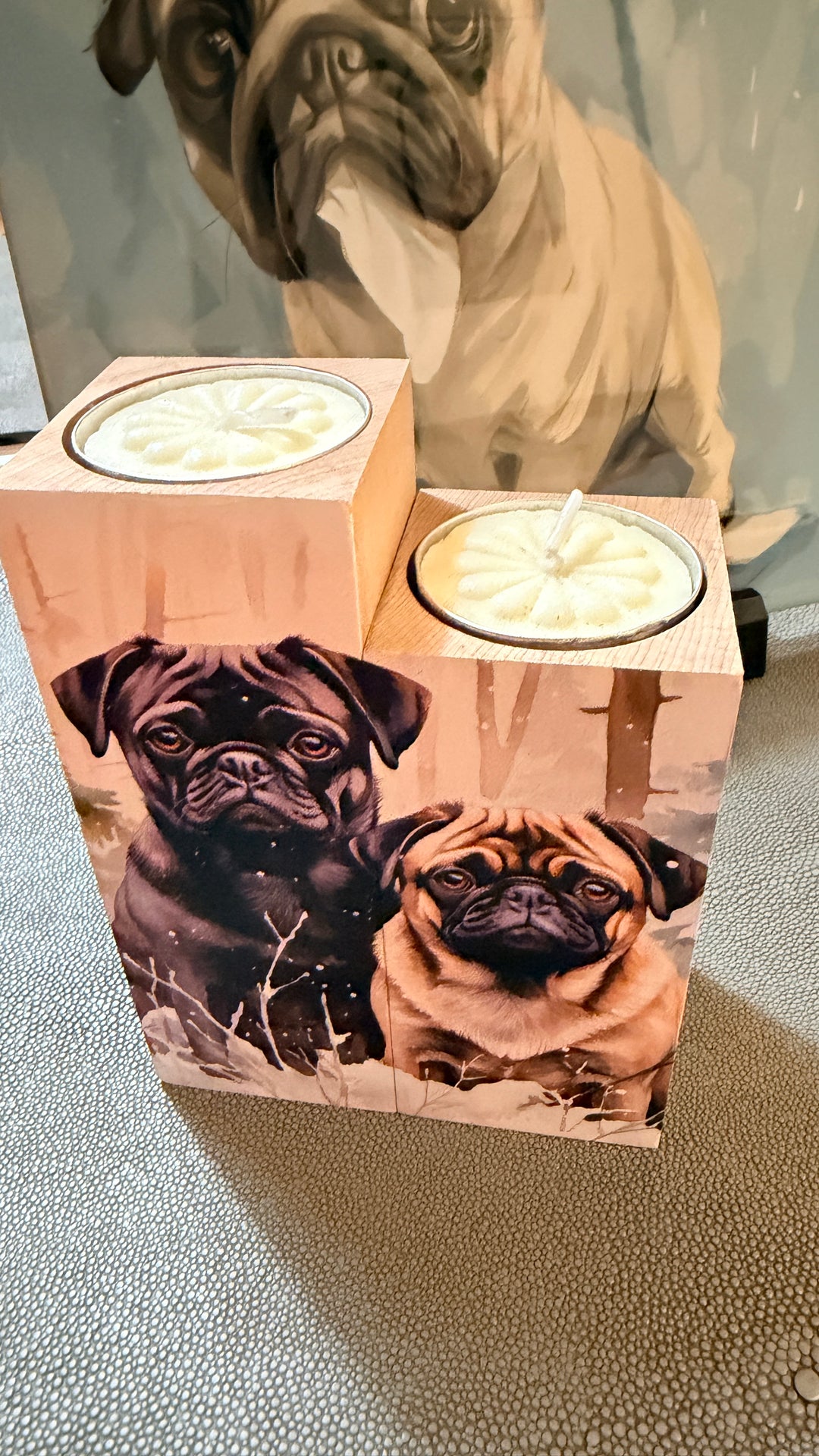 Snowy Pug Wooden Candle Holder Set